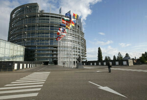 Flags outside the European Parliament building Louise Weiss in Strasbourg