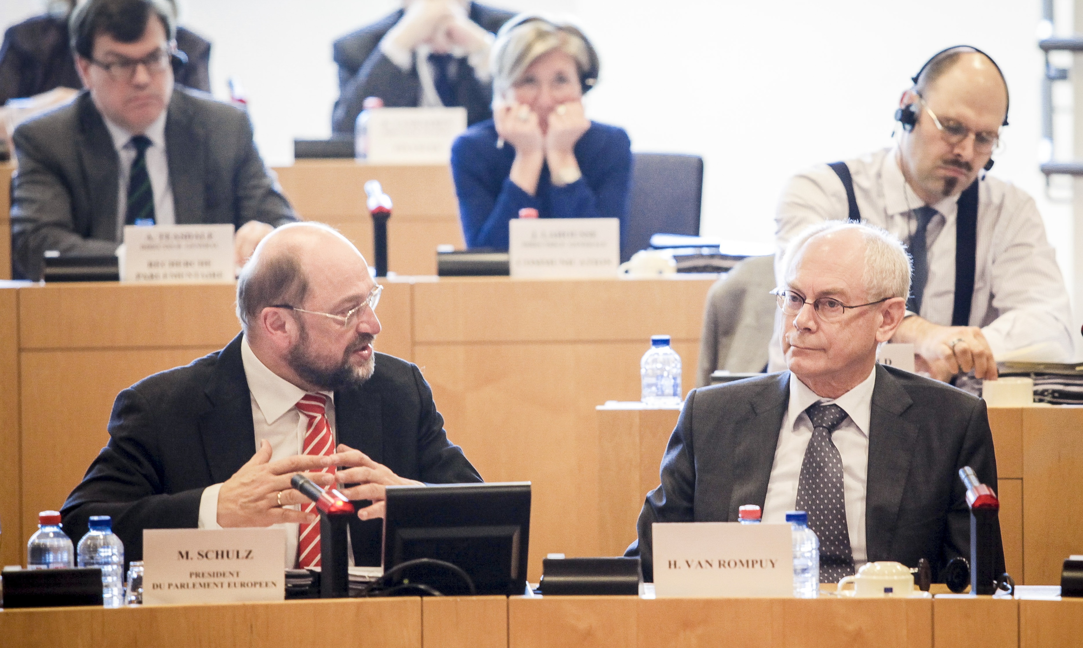 Il Presidente del Parlamento (e candidato) Schulz con quello del Consiglio europeo Van Rompuy alla riunione - © European Union 2014 - Source EP