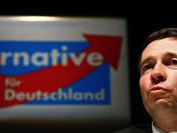 Bernd Lucke davanti a un poster di AfD