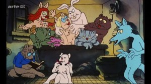 Fritz the cat nella vasca da bagno con qualsiasi animale. Robert Crumb