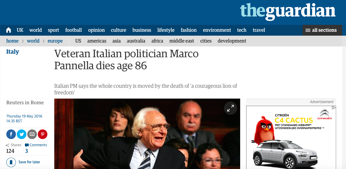 Il The Guardian ricorda Marco Pannella, il politico italiano scomparso il 19 maggio all'età di 86 anni