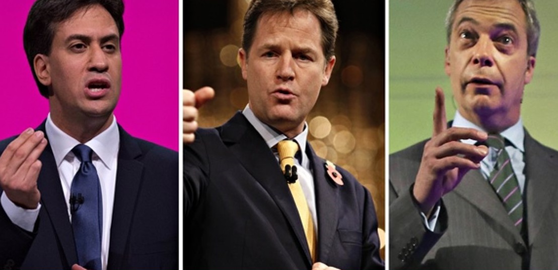 Ed Miliband, Nick Clegg e Nigel Farage