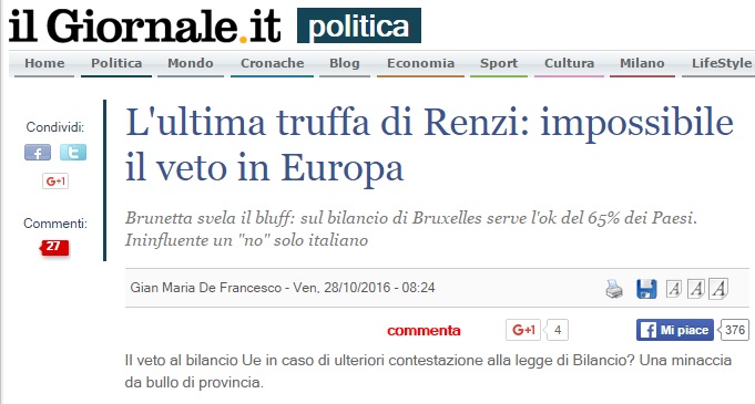 Il Giornale, renzi, Brunetta, veto, truffa, bilancio ue