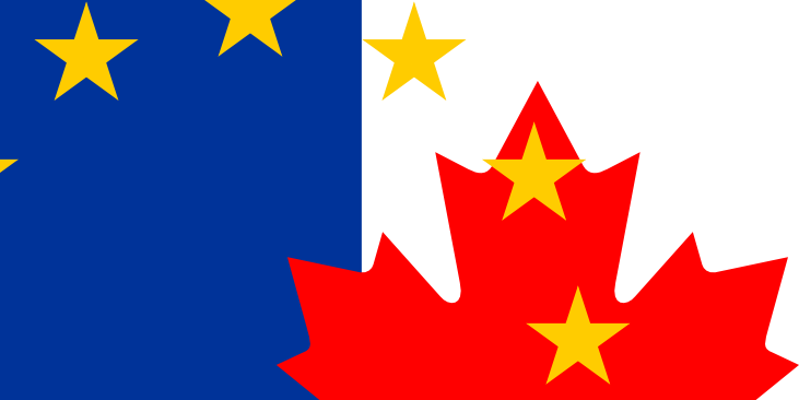 Le bandiere dell'Ue e del Canada messe insieme