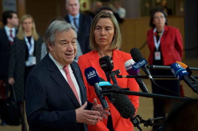 Il segretario generale dell'Onu Guterres e l'Alto rappresentante Ue Mogherini - foto Consiglio Ue