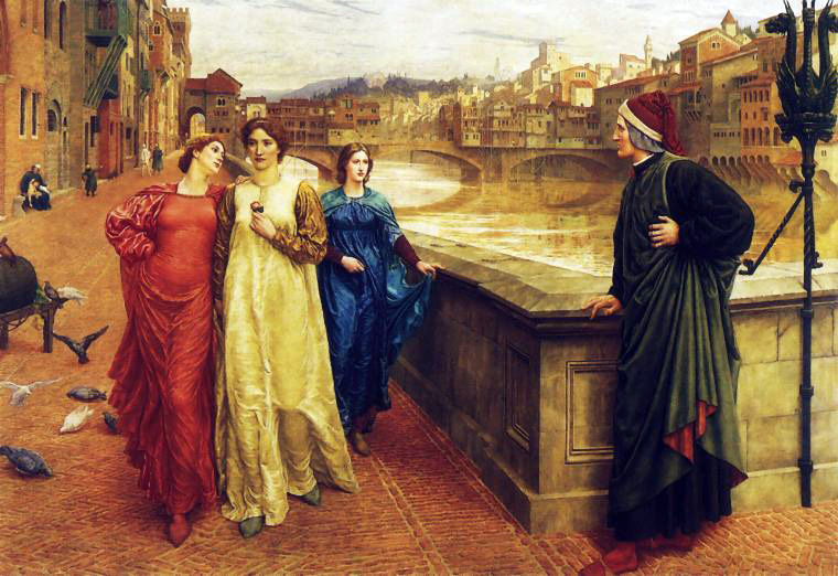 Dipinto di Henry Holiday raffigurante l'incontro tra Dante Alighieri e Beatrice Portinari lungo le rive dell'Arno