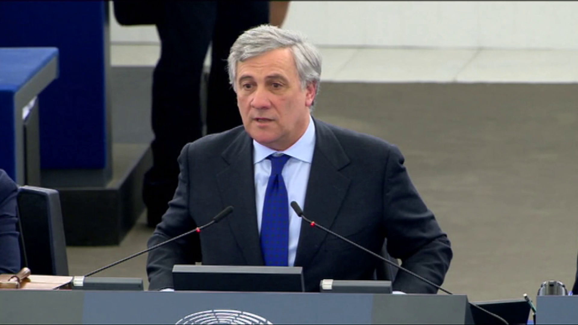 Il presidente del Parlamento europeo, Antonio Tajani, in Aula a Strasburgo