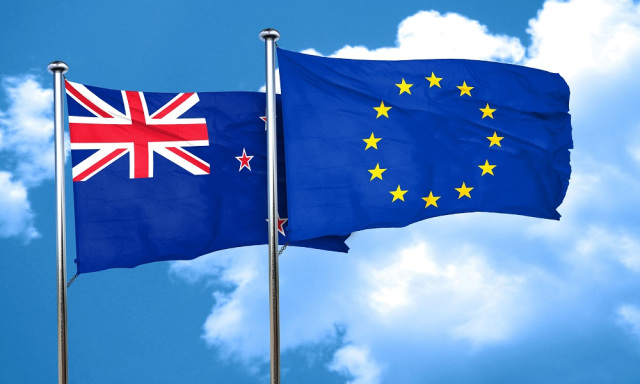 New zealand flag with european union flag, 3D rendering