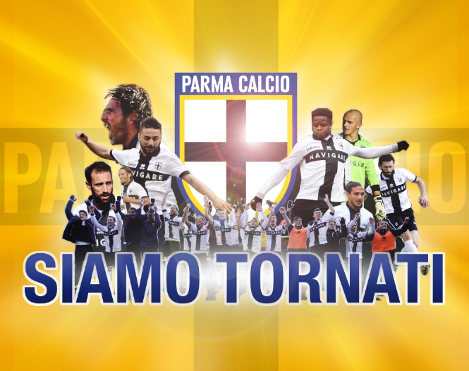 Foto celebrativa del Parma per la promozione dal campionato dilettanti alla Lega Pro, momento che segna il ritorno del club nel calcio professionistico