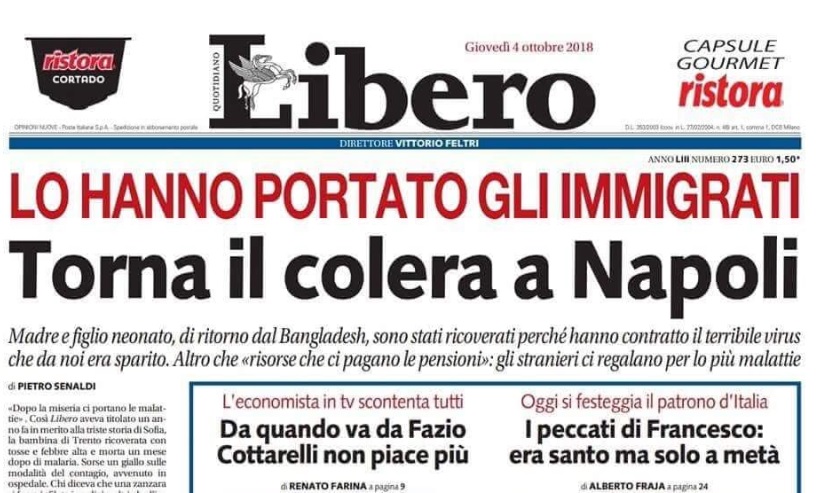 La prima pagina di Libero di oggi 4 ottobre