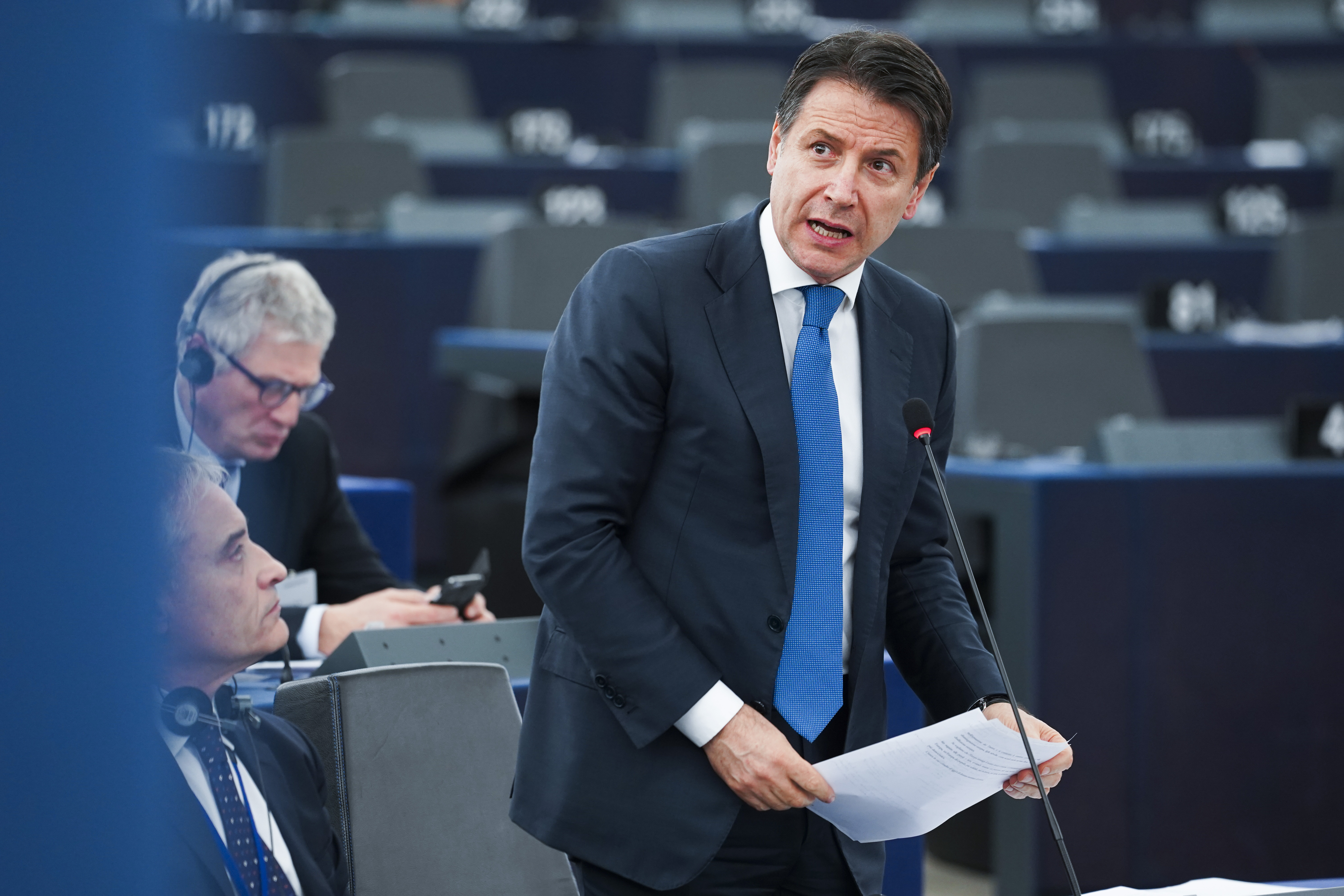 Giuseppe Conte oggi in Aula a Strasburgo (Foto Parlamento europeo)