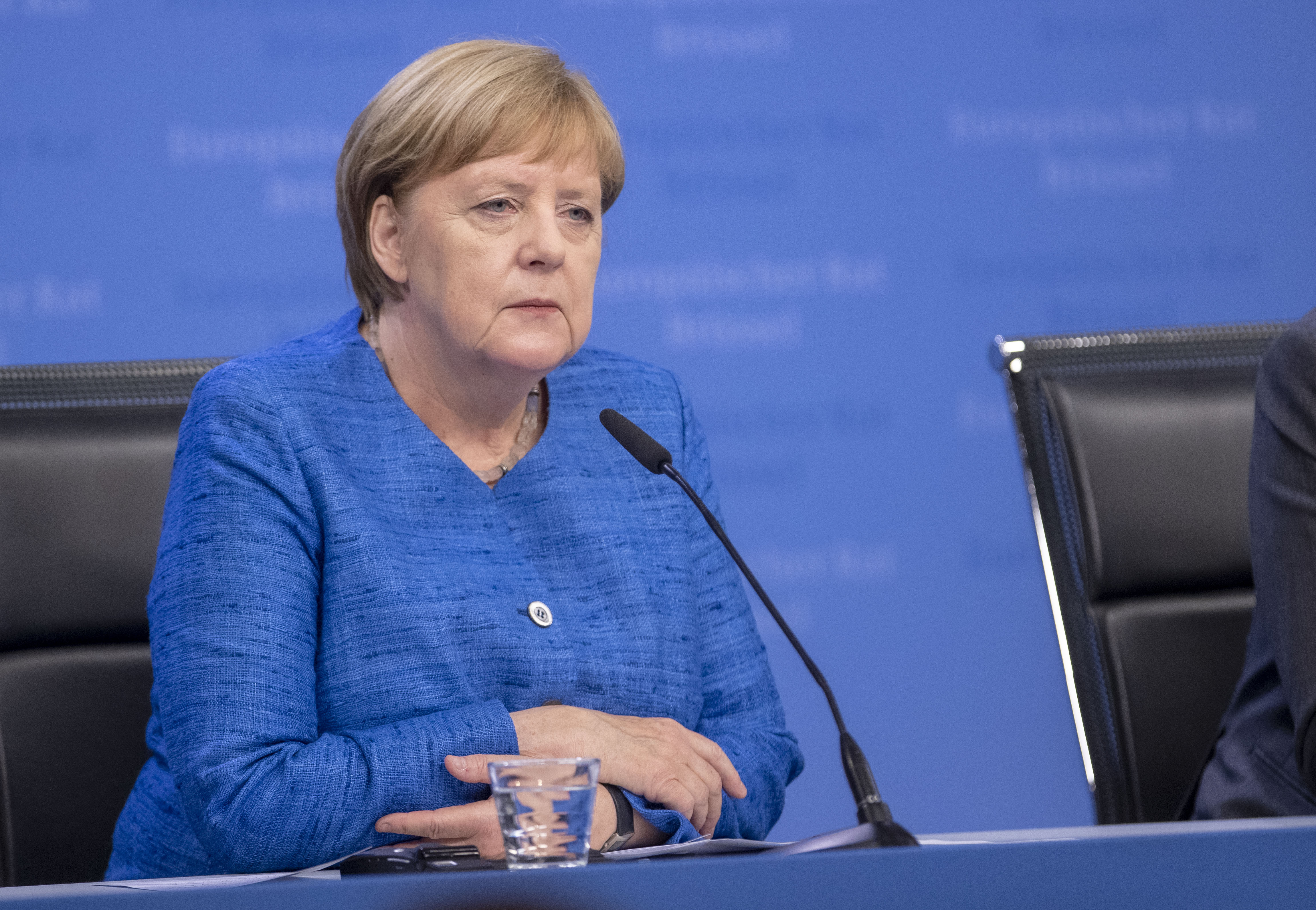 La cancelliera tedesca Angela Merkel durante la conferenza stampa al termine del Consiglio europeo