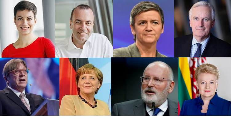 In senso prario, da sinistra: Ska Keller (Verdi), Manfred Weber (PPE), Margrethe Vestager (RE), Michel Barnier (PPE), Dalia Grybauskaite (indipendente), Frans Timmermans (S&D), Angela Merkel (PPE), Guy Verhofstadt (RE)