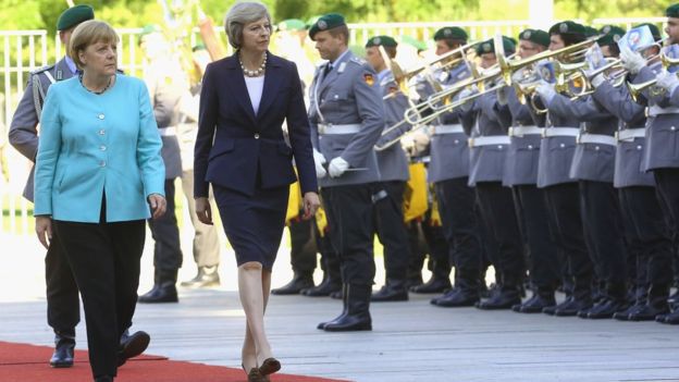 Angela Merkel passa in rassegna la banda dell'esercito tedesco con la premier britannica Theresa May