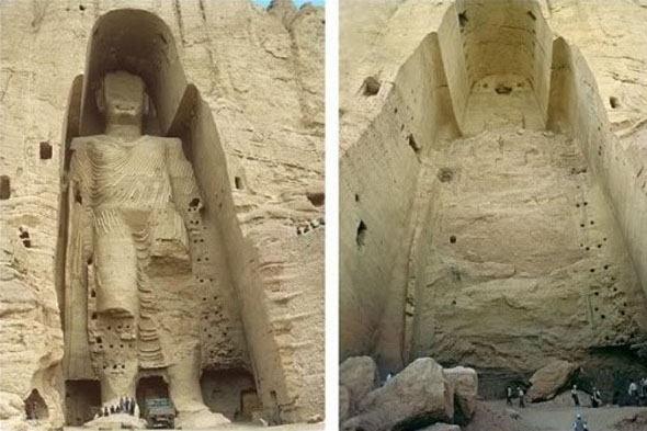 Il Buddha di Bamiyan prima e dopo la distruzione ad opera dei Talebani