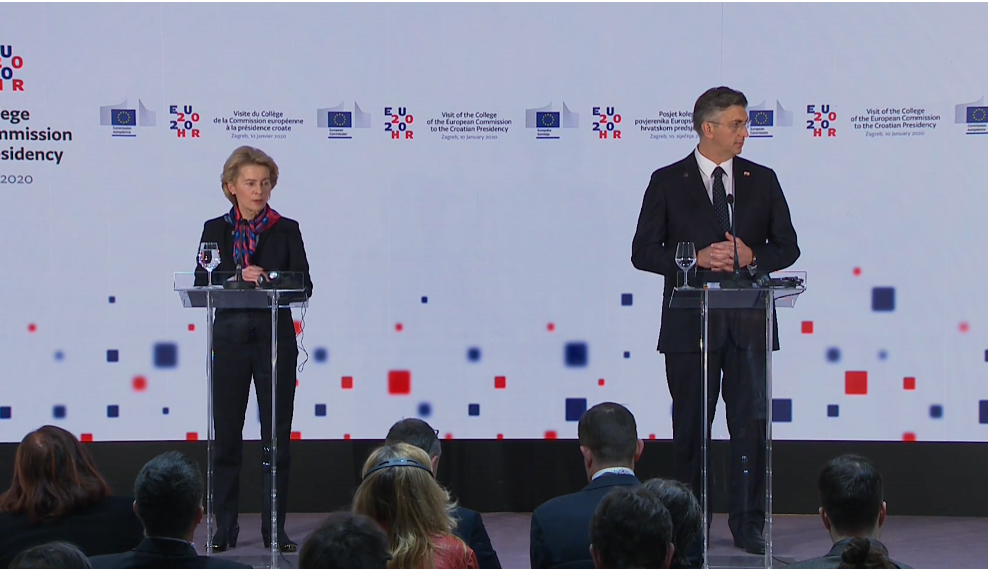 La presidente della Commissione UE, Ursula von der Leyen, e il primo ministro croato, Andrej Plenkovic (Zagabria, 10 gennaio 2020)