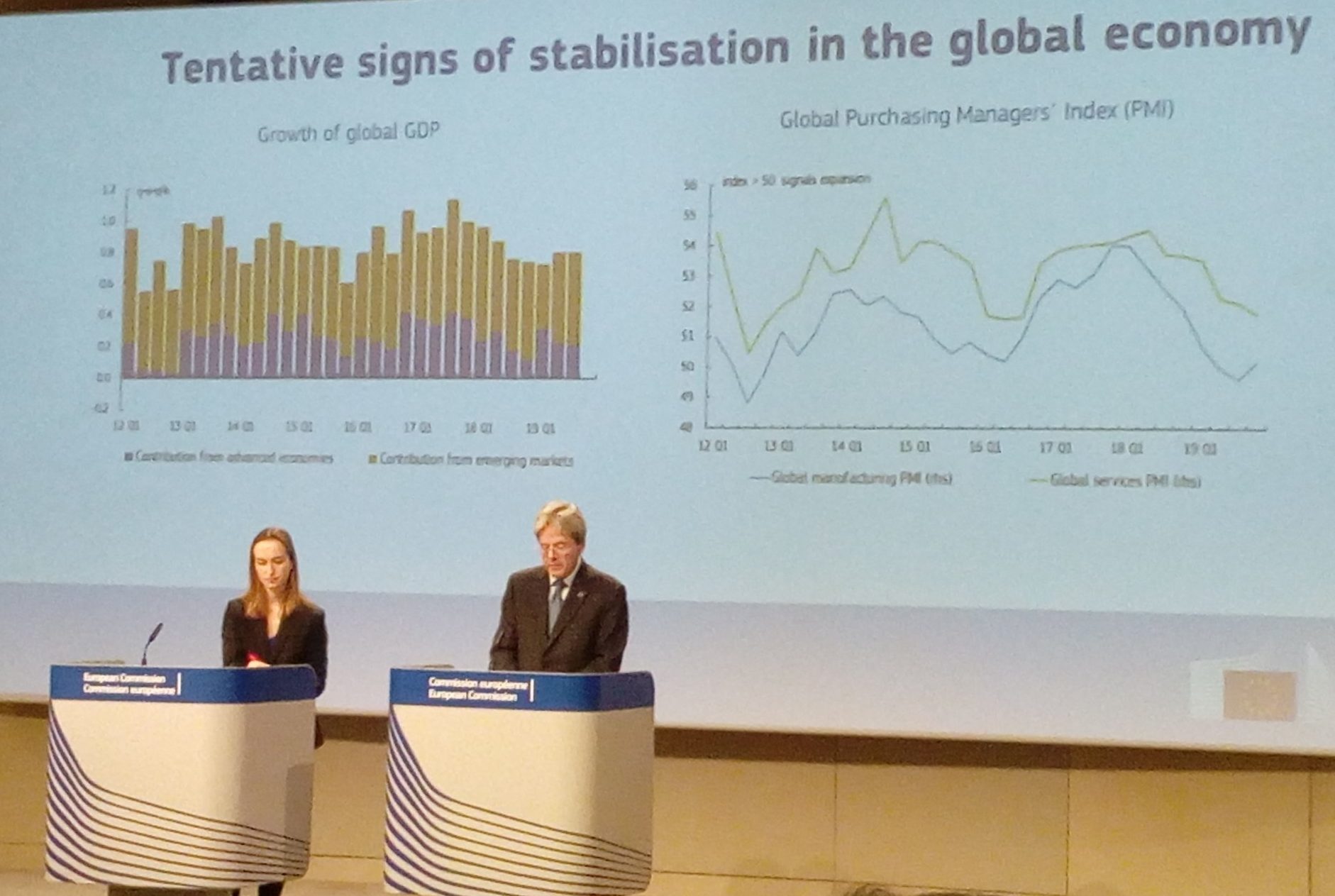 Il commissario per l'Economia, Paolo Gentiloni, durante la presentazione delle previsioni economiche d'inverno [Bruxelles, 13 febbraio 2020]