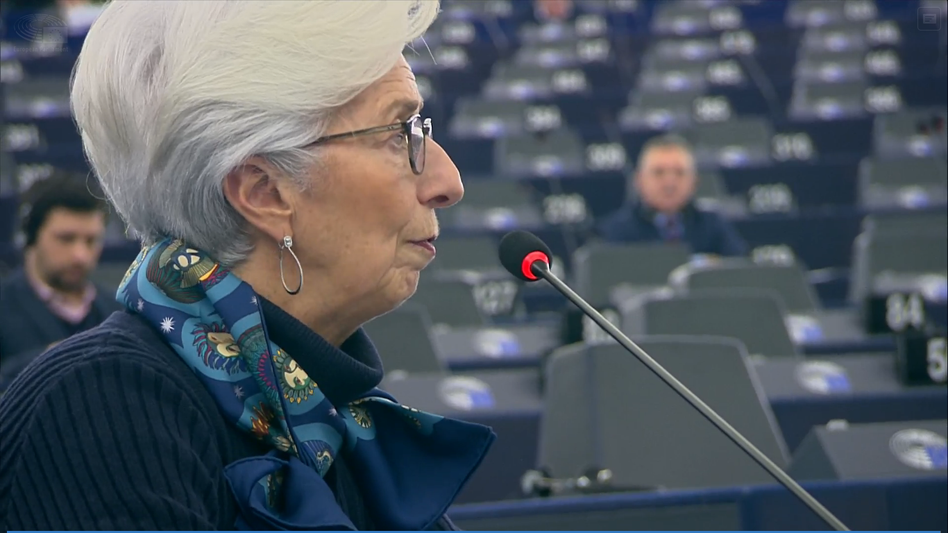 La presidente della BCE, Christine Lagarde, nel corso del suo intervento nell'Aula del Parlamento europeo [Strasburgo, 11 febbraio 2020]