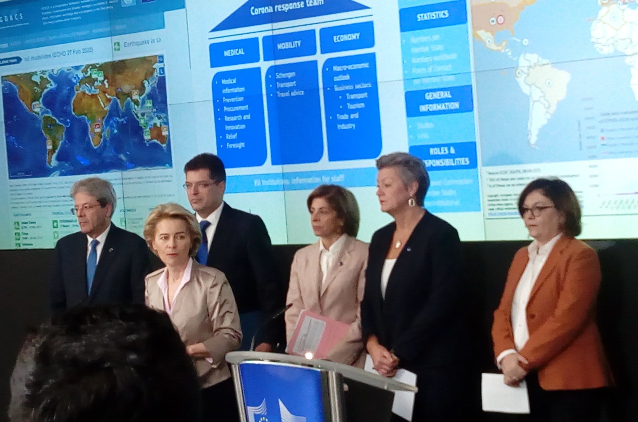 La presidente della Commissione europea, Ursula von der Leyen, con i commissari Paolo Gentiloni (Economia), Adina Valean (Trasporti), Ylva Johannson (Affari interni), Stella Kyriakides (Salute) e Janez Lenarčič (Gestione delle crisi). [Bruxelles, 2 marzo 2020]