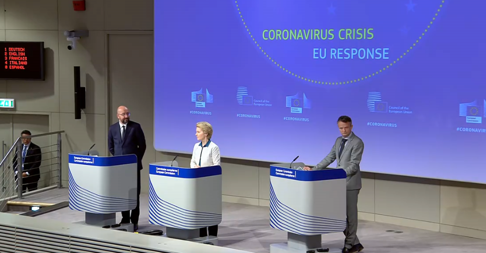 I presidenti di Consiglio europeo e Commissione europea, Charles Michel e Ursula von der Leyen [Bruxelles, 15 aprile 2020]