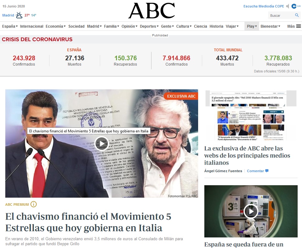 La prima pagina del quotidiano spagnolo Abc