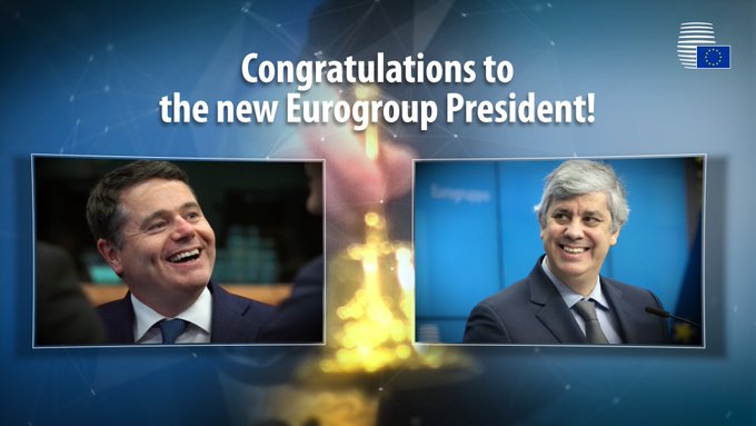 Il presidente entrante dell'Eurogruppo, Paschal Donohoe (sinistra) e quelle uscente, Mario Centeno [fonte foto: account twitter di Centeno]