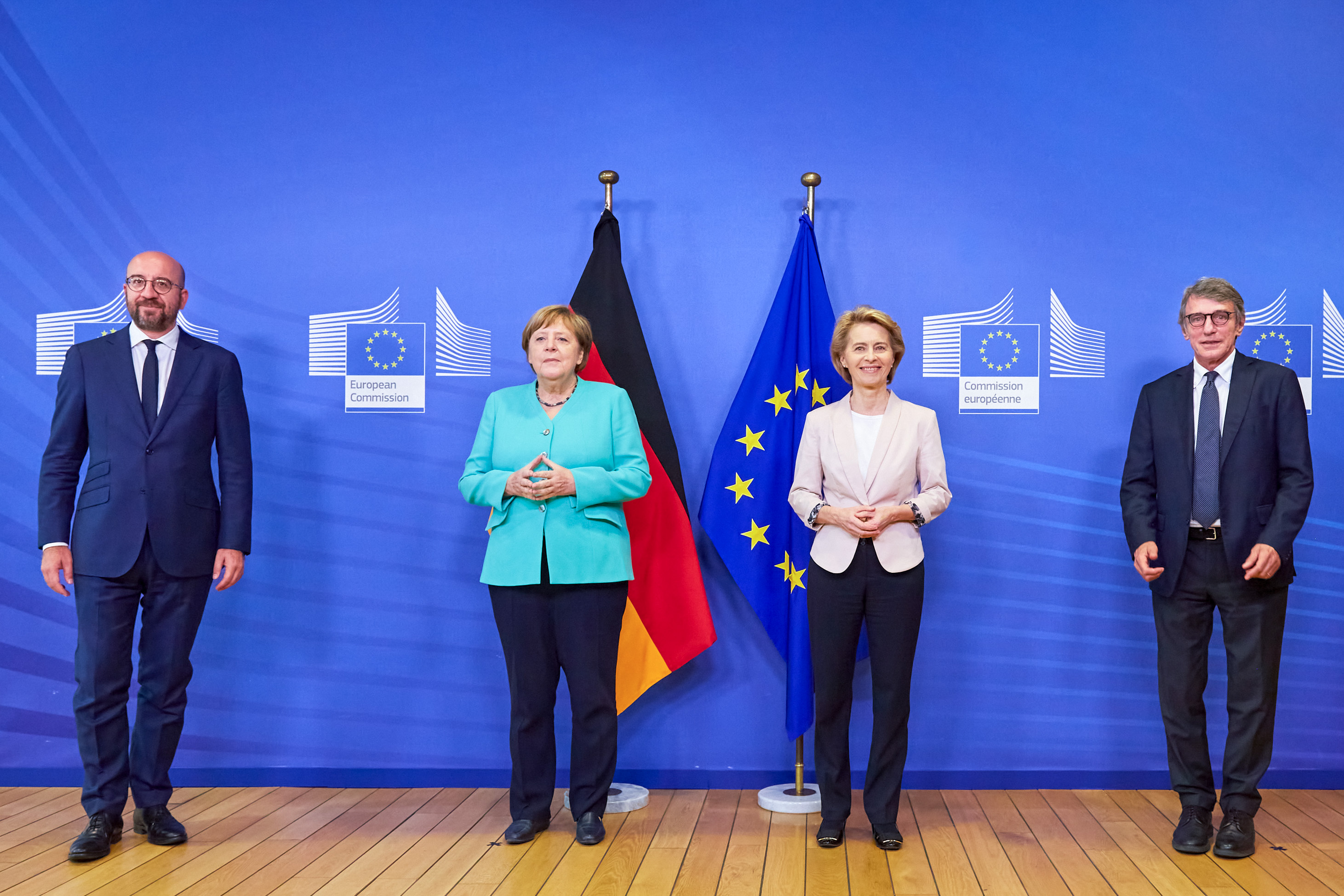 Ursula von der Leyen, Angela Merkel, David Sassoli, Charles Michel