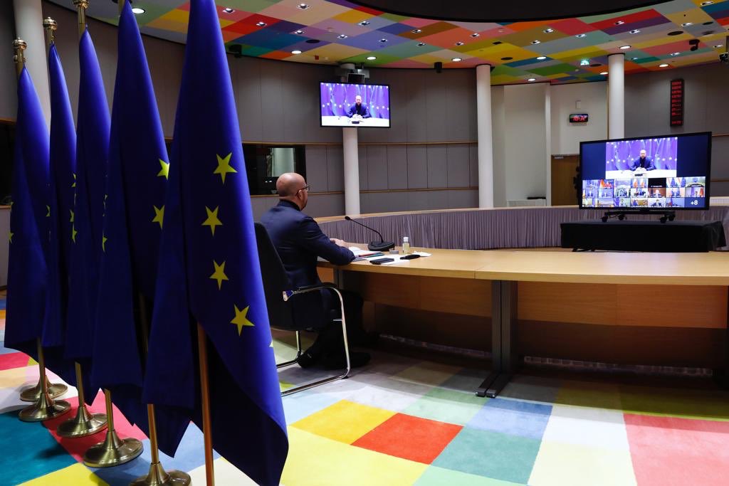 Il presidente del Consiglio europeo, Charles Michel, durante la videoconferenza dei leader sul COVID-19 [Bruxelles, 29 ottobre 2020 foto: portavoce di Michel, account twitter ufficiale]