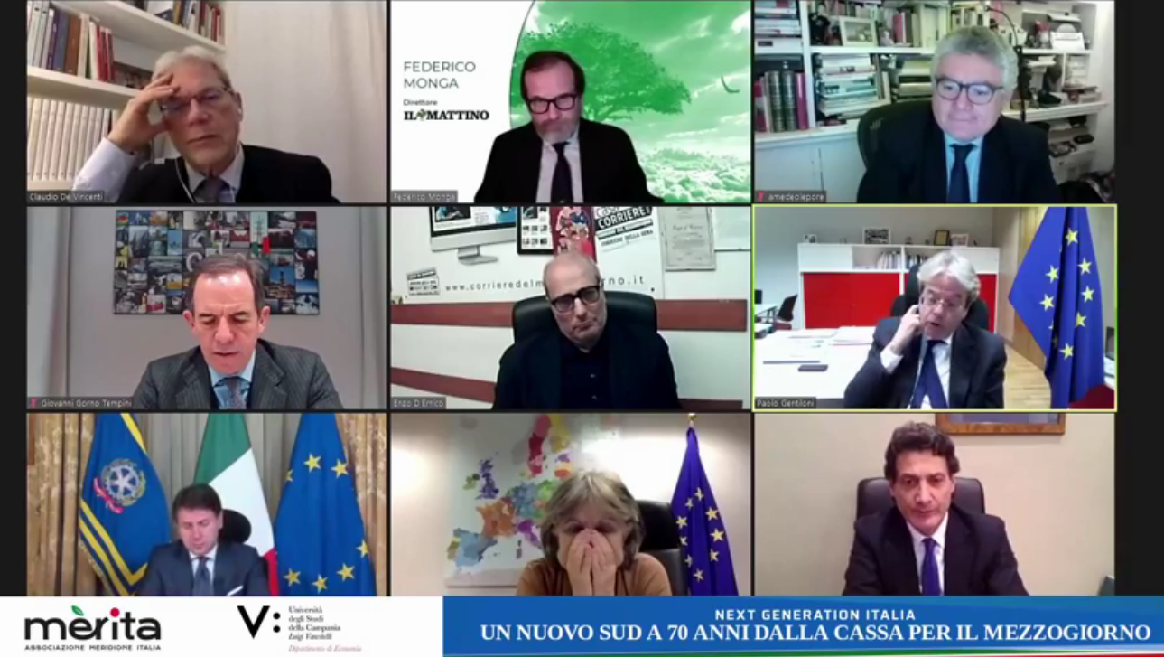 Il commissario per l'Economia, Paolo Gentiloni, e il presidente del Consiglio, Giuseppe Conte, durante il convegno "Next Generation Italia - Un nuovo Sud a 70 anni dalla Cassa per il Mezzogiorno", organizzato da Merita [15 dicembre 2020]