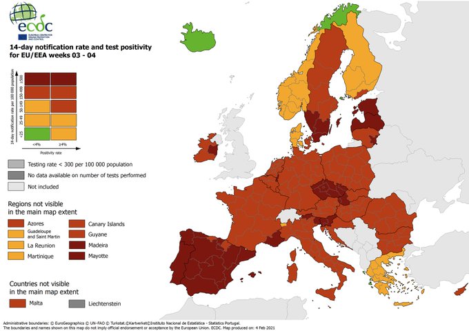 Stato dei contagi di COVID-19 nell'UE nelle ultime due settimane di gennaio. Fonte: ECDC