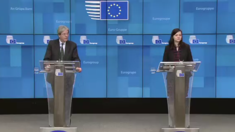 Il commissario per l'Economia, Paolo Gentiloni, al termine della videoconferenza dell'Eurogruppo [Bruxelles, 15 febbraio 2021]