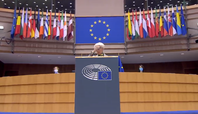 La presidente della BCE, Chrstine Lagarde, in Aula [Bruxelles, 8 febbraio 2021]