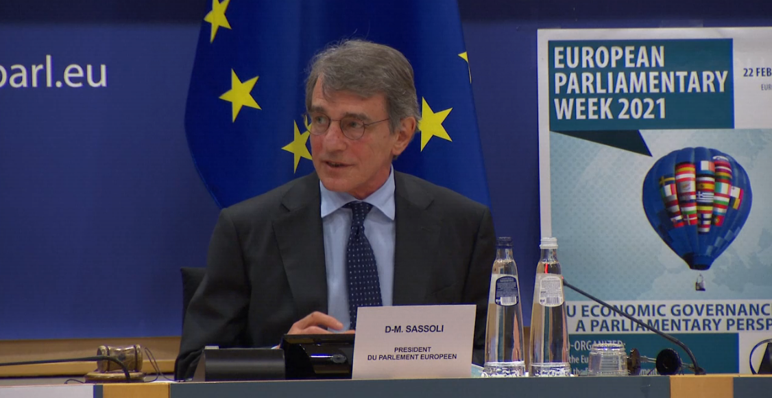 Il presidente del Parlamento europeo, David Sassoli, durante la conferenza parlamentare sulla governance [Bruxelles, 22 febbraio 2021]