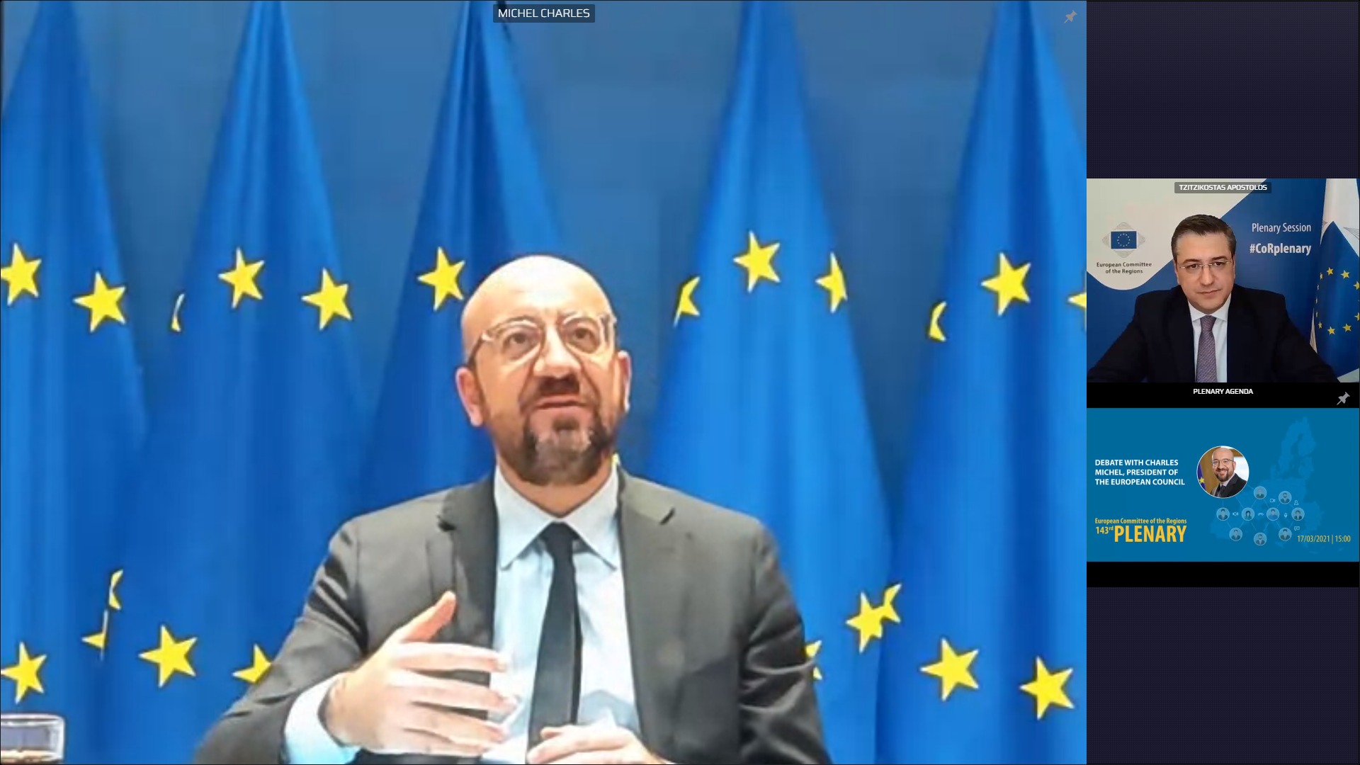 A sinistra il Presidente del Consiglio Europeo Charles Michel, a destra il presidente del Comitato delle Regioni Apostolos Tzitzikostas