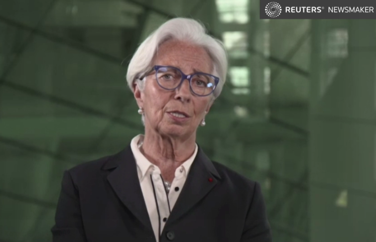 La presidente della BCE, Chrstine Lagarde, nel corso del dialogo monetario organizzato da Reuters [14 aprile 2021]