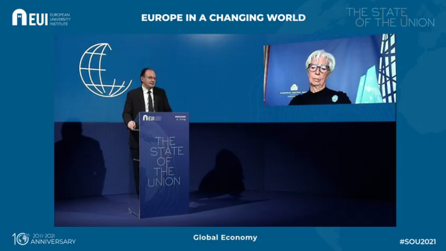 La presidente della BCE, Christine Lagarde, in collegamento alla conferenza sullo Stato dell'Unione [Firenze, 7 maggio 2021]