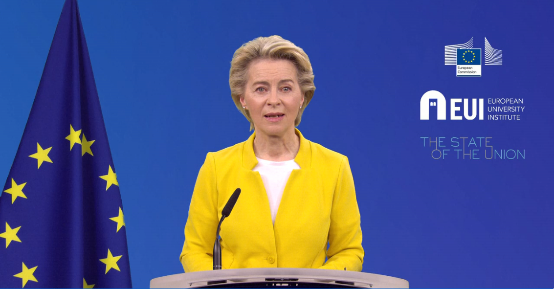 La presidente della Commissione europea, Ursula von der Leyen, nel videomessaggio per la conferenza sullo Stato dell'unione [Bruxelles, 6 maggio 2021]