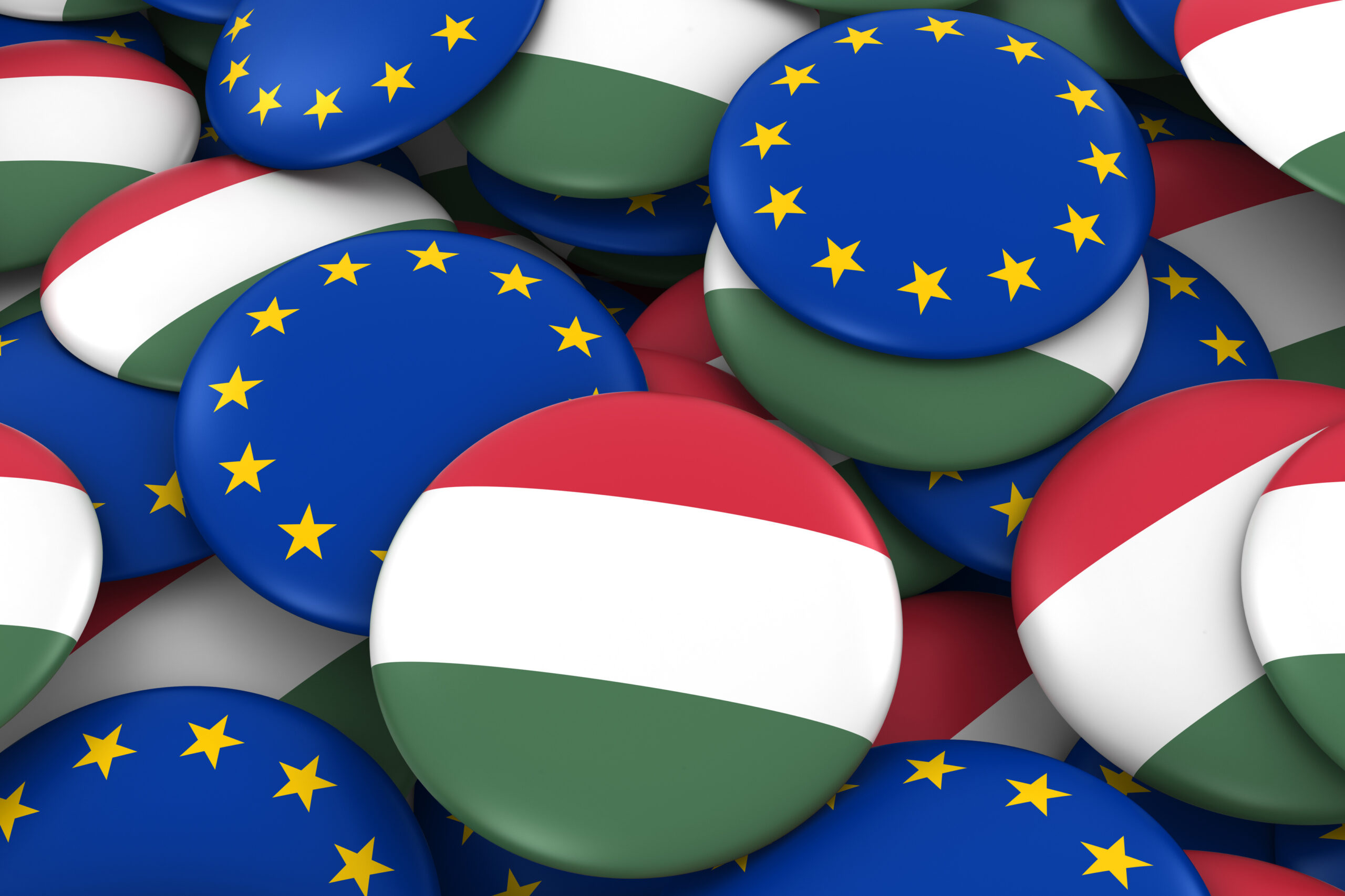 Hungary and Europe Badges Background - Pile of Hungarian and European Flag Buttons 3D Illustration