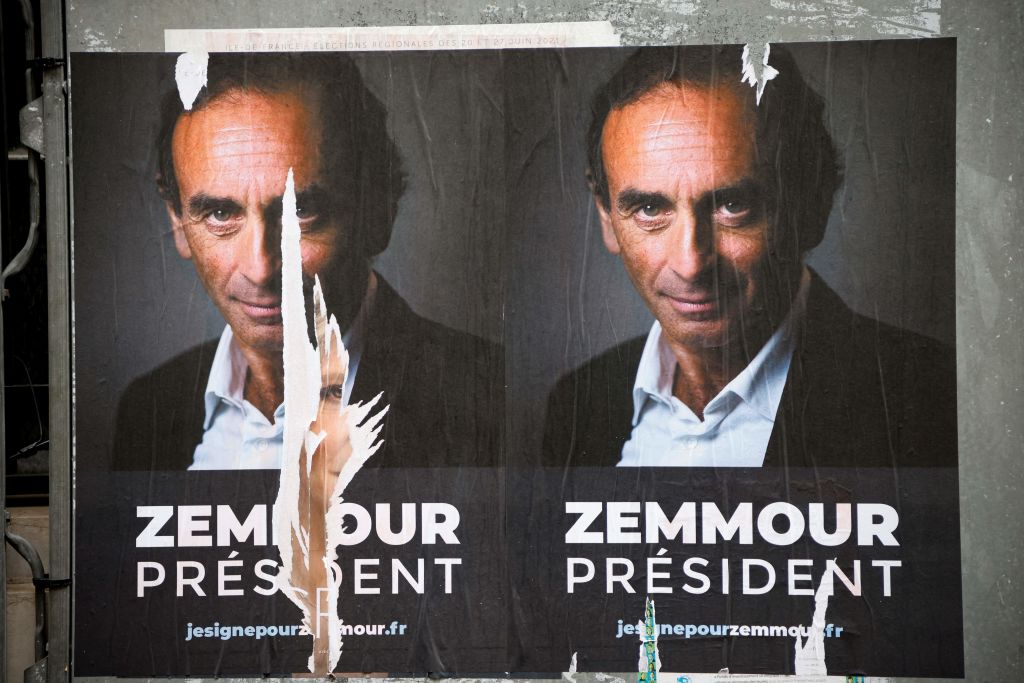 This picture shows placards in support to a candidacy of France's far-right media pundit Eric Zemmour in next year presidential elections in a street of Paris on June 29, 2021. (Photo by Ludovic MARIN / AFP) (Photo by LUDOVIC MARIN/AFP via Getty Images)