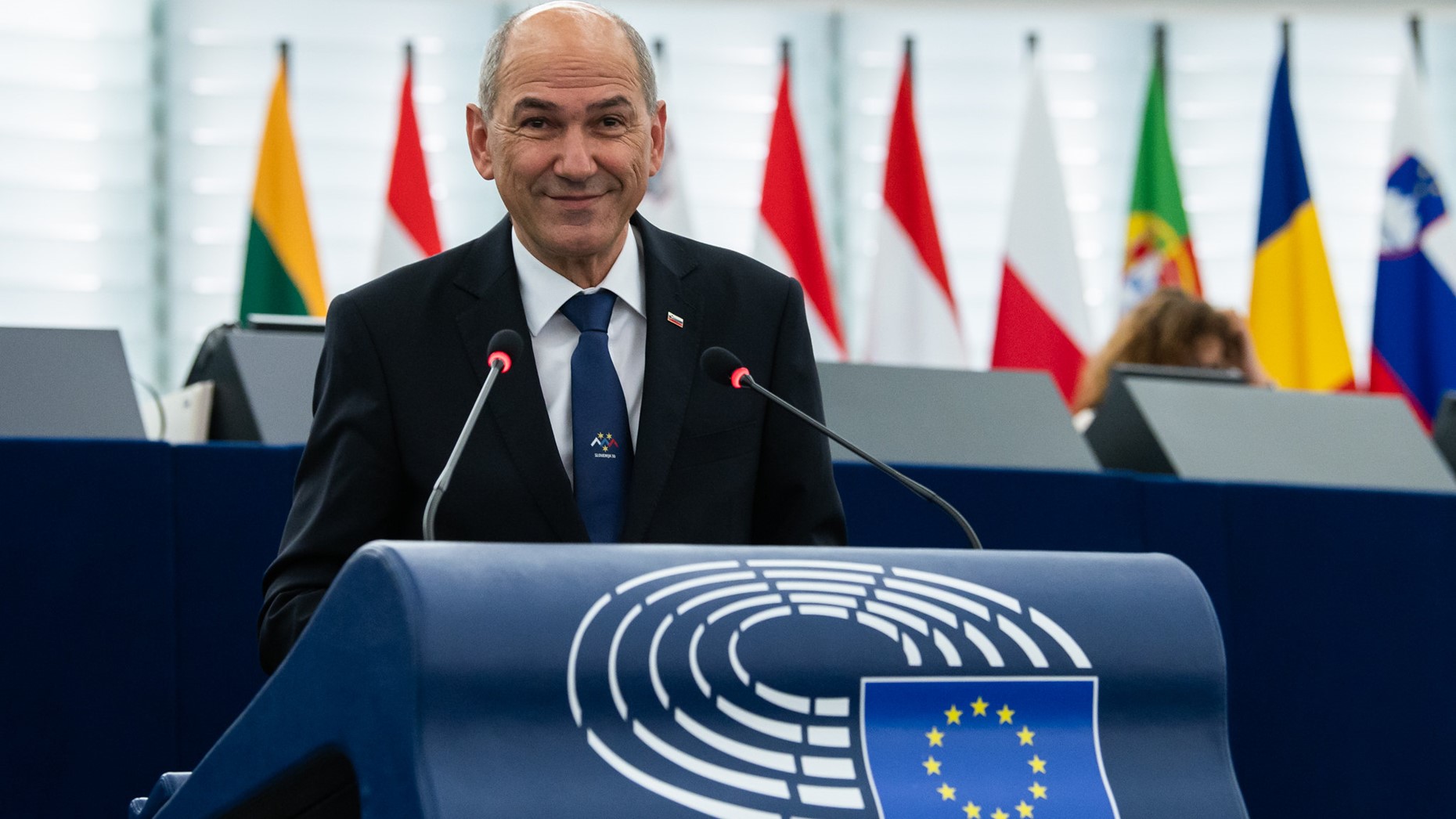 Janez Jansa durante un suo interveto in Aula. E' scontro tra il premier sloveno e il Parlamento UE [foto: presidenza slovena del Consiglio dell'UE]