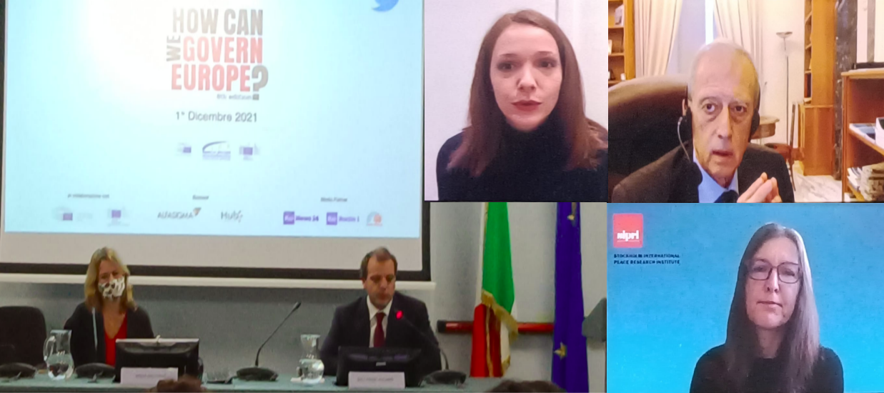 I partecipanti al terzo panel di HGE8, dedicato al "Ruolo globale dell'UE davanti alle nuove sfide". La soluzione passa per una vera politica estera comune [Roma, 1 dicembre 2021]