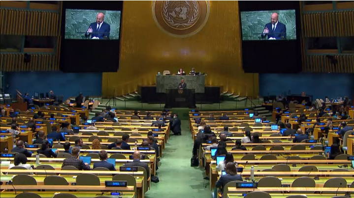 Il presidente del Consiglio europeo, Charles Michel, nel corso del suo discorso all'Assemblea generale dell'Onu [New York, 23 settembre 2022]