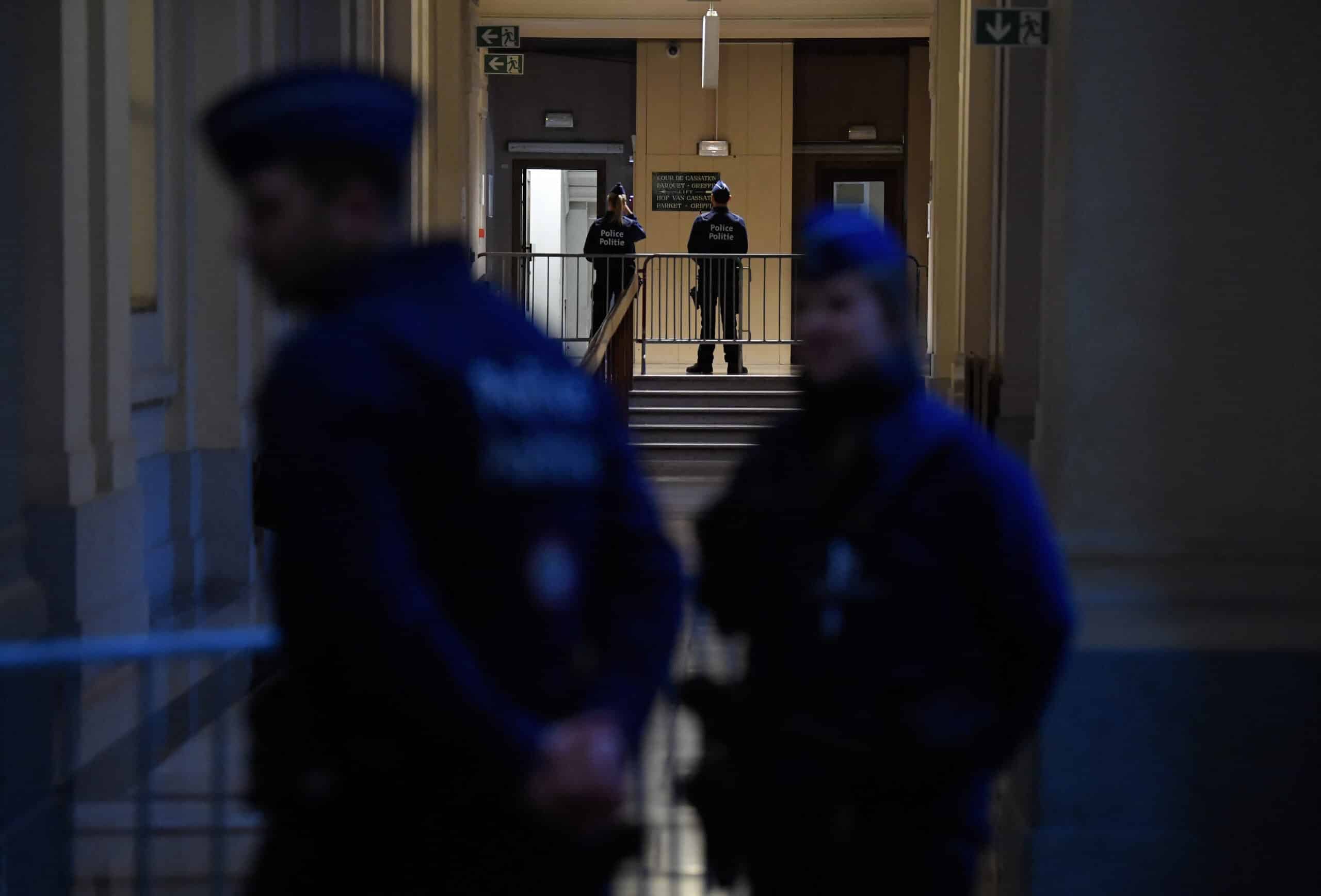 Belgian police stands outside the Palace of Justice in Brussels on January 19, 2023. -  (Photo by John THYS / AFP)