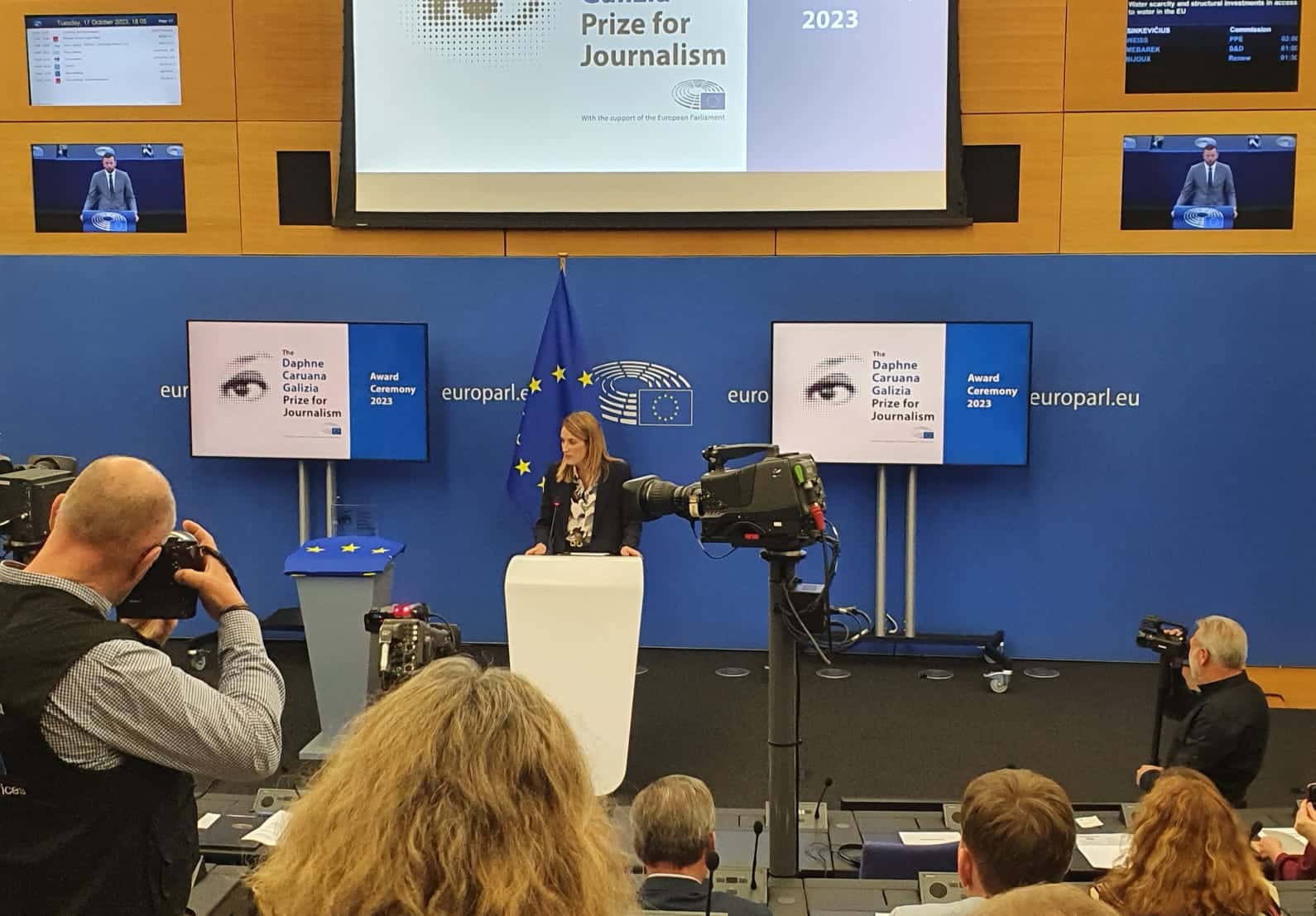 La presidente del Parlamento europeo Roberta Metsola in occasione della cerimonia di premiazione della terza edizione del premio Daphne Caruana Galizia per il giornalismo