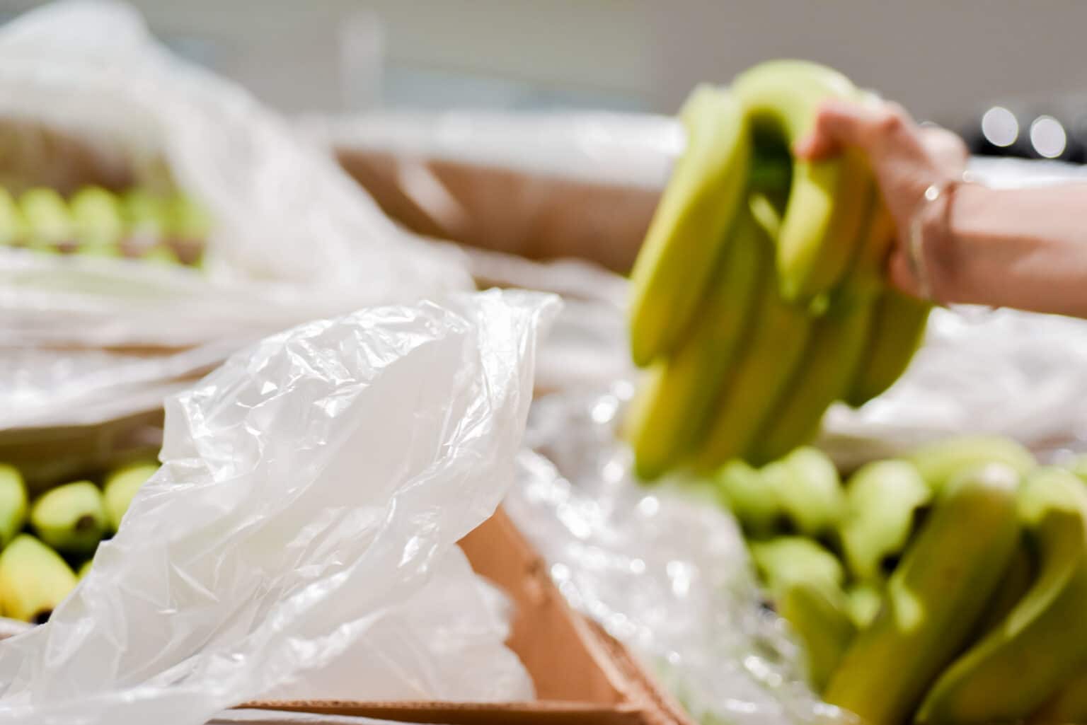 food packaging in recycled plastics, fruits bananas