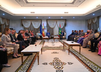 Ursula von der Leyen, Pedro Sanchez, and Mohamed Ould El-Ghazouani,  from left to right