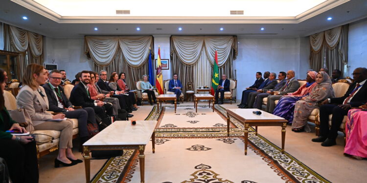 Ursula von der Leyen, Pedro Sanchez, and Mohamed Ould El-Ghazouani,  from left to right