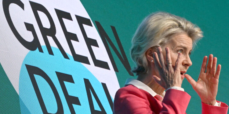 President of the European Commission Ursula von der Leyen delivers her speech during the Green Deal Summit 2023 on  September 26, 2023 in Prague, Czech Republic. (Photo by Michal Cizek / AFP)