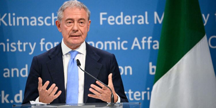 Italy's Minister of Enterprises, Adolfo Urso addresses a joint press conference with his French and German counterparts at the German Finance Ministry in Berlin on June 26, 2023. (Photo by Tobias SCHWARZ / AFP)