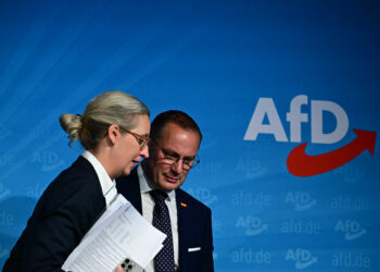 Co-leaders of Germany's far-right Alternative for Germany (AfD) party Alice Weidel (L) and Tino Chrupalla leave after a press conference in Berlin on September 2, 2024, a day after regional elections in the eastern federal states of Saxony and Thuringia. (Photo by Tobias SCHWARZ / AFP)